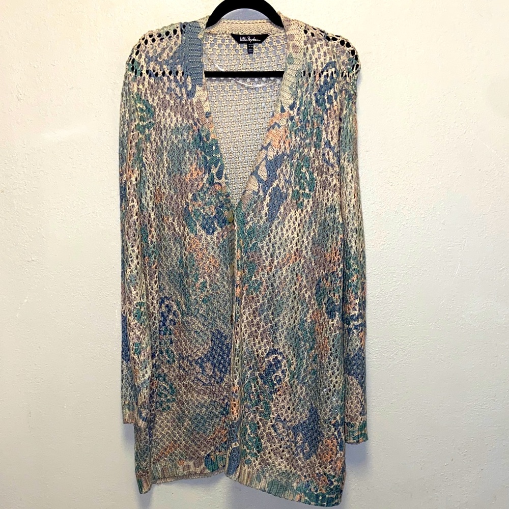 Ulla Popken Plus Size Muted Pastel Button Down Knit Duster Cardigan